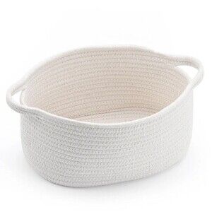 Happyiren Cute Woven Storage Basket with Handles, 1 Pack, White,